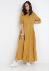 Żółta Sukienka Controllable. Żółte sukienki Born2be, m, bez wzorów, boho, bez kołnierzyka, bez ramiączek, maxi, rozkloszowane. Za 64.99 zł.