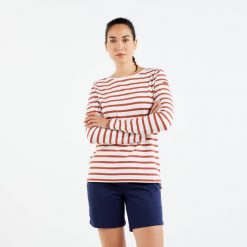 Koszulka marynarska żeglarska damska Tribord Sailing 100 długi rękaw. Białe bluzki TRIBORD, m, bez wzorów, z bawełny, sportowe, bez kołnierzyka, bez ramiączek. Za 99.99 zł.