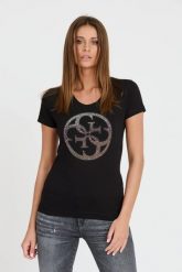 GUESS Czarny damski t-shirt 4G LOGO TEE, Rozmiar S. Czarne t-shirty Guess, s, z aplikacjami, bez kołnierzyka, bez ramiączek. W wyprzedaży za 149.99 zł.
