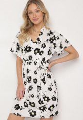 Biała Sukienka w Kwiaty z Paskiem Cleza. Białe sukienki Born2be, na co dzień, na lato, l, bez wzorów, eleganckie, bez kołnierzyka, bez ramiączek, midi. Za 34.99 zł.
