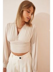 Happiness Istanbul Bluzka w kolorze kremowym rozmiar: 40. Brązowe bluzki Happiness Istanbul, bez wzorów, bez kołnierzyka, bez ramiączek. Za 60.99 zł.