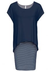 Sukienka z dżerseju z częścią spódnicową w paski. Niebieskie sukienki bonprix, bez wzorów, z dżerseju, eleganckie, bez kołnierzyka, bez ramiączek. Za 104.99 zł.