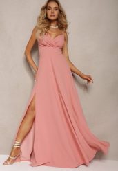 Ciemnoróżowa Elegancka Sukienka o Rozkloszowanym Kroju z Rozcięciem na Ramiączkach z Kopertowym Dekoltem Winelia. Czerwone sukienki Renee, na imprezę, l, bez wzorów, eleganckie, bez kołnierzyka, dla wysokich, bez ramiączek, maxi, kopertowe. Za 209.99 zł.