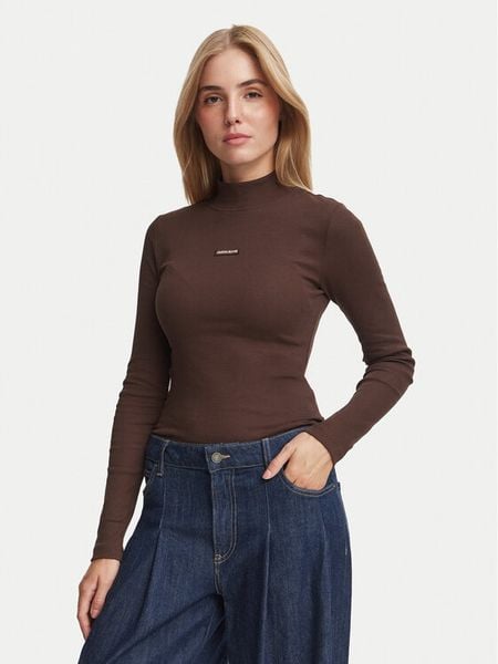 Guess Jeans Bluzka W6BP06 K5471 Brązowy Slim Fit. Brązowe bluzki Guess Jeans, l, z aplikacjami, z bawełny, bez kołnierzyka, bez ramiączek. Za 199.99 zł.