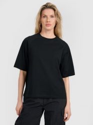 4F T-shirt oversize gładki damski - czarny M. Czarne t-shirty 4f, m, bez wzorów, z bawełny, bez kołnierzyka, bez ramiączek. W wyprzedaży za 39.99 zł.