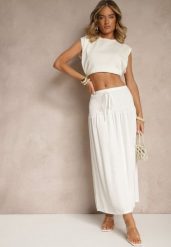 Biała Spódnica z Wiskozą i Lnem High Waist o Rozkloszowanym Kroju Lumerellea. Białe spódnice Renee, na co dzień, l, bez wzorów, ze lnu, eleganckie, maxi, dopasowane. Za 49.99 zł.