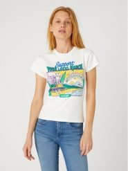 WRANGLER DAMSKA KOSZULKA WRANGLER SHRUNKEN BAND TEE WORN WHITE 112332013. Białe bluzki Wrangler, l, bez wzorów, bez kołnierzyka, bez ramiączek. Za 89.99 zł.