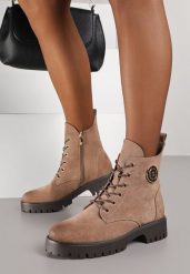 Beżowe Botki Potocki Workery z Geometryczną Ozdobą Firiselle. Brązowe botki Renee, z aplikacjami, bez obcasa, na płaskiej podeszwie, bez zapięcia. Za 209.99 zł.