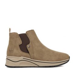 Botki Rieker. Brązowe botki Rieker, bez wzorów, bez obcasa, na płaskiej podeszwie, bez zapięcia. Za 359.99 zł.
