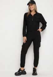 Czarny Komplet Dresowy w Stylu Cargo Bluza na Suwak i Joggery Sitene. Czarne bluzy Born2be, l, bez wzorów, z dresówki, bez kaptura. Za 79.99 zł.