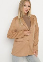 Beżowa Marynarka Oversize z Imitacji Zamszu o Pudełkowym Kroju Alonella. Brązowe marynarki i żakiety Born2be, m, bez wzorów, z jeansu, biznesowe. Za 159.99 zł.