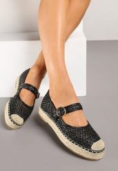 Czarne Espadryle z Plecionki z Ozdobnym Noskiem Sprzączką i Wkładką ze Skóry Eranwena. Czarne espadryle Renee, bez wzorów, ze skóry, bez obcasa, bez zapięcia. Za 99.99 zł.