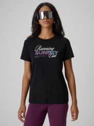 4F T-shirt regular z nadrukiem damski - czarny XXL. Czarne t-shirty 4f, xxl, bez wzorów, z bawełny, bez kołnierzyka, bez ramiączek. Za 59.99 zł.