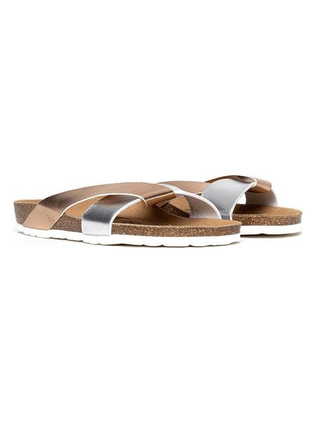 Sunbay Klapki "Rita" w kolorze srebrno-złotym rozmiar: 36. Szare klapki Sunbay, bez wzorów, z otwartym noskiem, bez obcasa. Za 179.95 zł.
