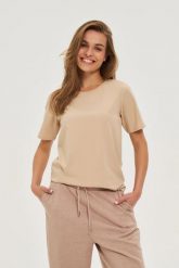 Gładki t-shirt beżowy. Brązowe t-shirty MOODO, l, bez wzorów, z bawełny, bez kołnierzyka, bez ramiączek. Za 39.99 zł.