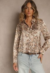 Brązowa Koszula Vices z Satynowej Tkaniny w Wężowy Print Resmina. Brązowe koszule Renee, l, bez wzorów, z jeansu, eleganckie, bez kołnierzyka, bez ramiączek. Za 79.99 zł.