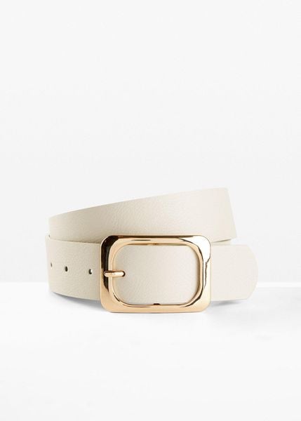 Pasek ze sprzączką w kolorze złota. Brązowe paski bonprix, bez wzorów, ze skóry, eleganckie. Za 49.99 zł.