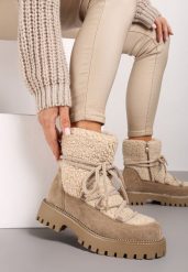 Ciemnobeżowe Śniegowce na Grubej Podeszwie z Cyrkoniami i Futerkową Wstawką Rianaella. Brązowe trapery i śniegowce Born2be. Za 119.99 zł.