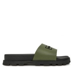 Klapki Hunter. Zielone klapki Hunter, bez wzorów, bez obcasa. Za 129.99 zł.