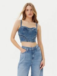 Guess Top W5GH86 D4H7C Niebieski Regular Fit. Niebieskie topy Guess, xs, z aplikacjami, z jeansu, bez kołnierzyka, bez ramiączek. Za 319.99 zł.