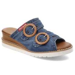 Niebiesko-Brązowe Klapki Artiker Modne Obuwie Damskie Na Lato. Brązowe klapki Artiker, bez wzorów, z denimu, z okrągłym noskiem, bez obcasa, na koturnie. Za 239.00 zł.