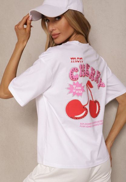 Biały T-shirt z Bawełną Wzorem Wiśni i Cyrkoniami Linavella. Białe t-shirty Renee, m, bez wzorów, z bawełny, bez kołnierzyka, bez ramiączek. Za 89.99 zł.