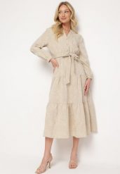 Beżowa Rozkloszowana Sukienka z Gumką i Wiązanym Paskiem w Talii Javara. Brązowe sukienki Born2be, l, bez wzorów, z jeansu, eleganckie, bez kołnierzyka, bez ramiączek, maxi, dopasowane. Za 239.99 zł.