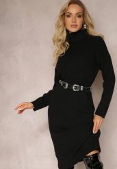 Czarna Dopasowana Sukienka Dzianinowa z Golfem i Wełną Moustie. Czarne sukienki Renee, na zimę, bez wzorów, z dzianiny, bez kołnierzyka, bez ramiączek, midi, dopasowane. Za 109.99 zł.