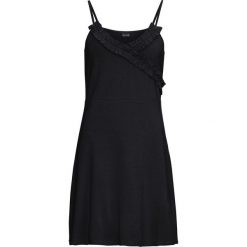Letnia sukienka z falbanami z dżerseju bonprix czarny. Czarne sukienki bonprix, na lato, bez wzorów, z dżerseju, bez kołnierzyka, bez ramiączek. Za 59.99 zł.