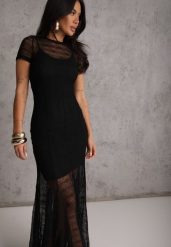 Czarna Wieczorowa Sukienka z Siateczki z Wiskozą na Krótki Rękaw Chareino. Czarne sukienki Renee, na imprezę, l, bez wzorów, z tkaniny, wizytowe, bez kołnierzyka, bez ramiączek, maxi. Za 209.99 zł.