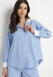 Niebieska Koszula w Paski o Kroju Oversize z Kontrastującymi Wstawkami Menestra. Niebieskie koszule Born2be, l, bez wzorów, z jeansu, eleganckie, bez kołnierzyka, bez ramiączek. Za 99.99 zł.