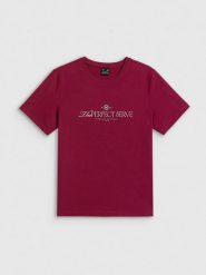 4F T-shirt relaxed z nadrukiem damski - burgundowy S. Czerwone t-shirty 4f, s, bez wzorów, z bawełny, bez kołnierzyka, bez ramiączek. Za 79.99 zł.