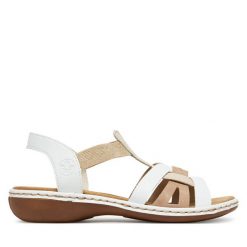Sandały Rieker. Białe sandały Rieker, bez wzorów, bez obcasa, na płaskiej podeszwie, bez zapięcia. Za 229.99 zł.