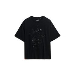 Koszulka oversize z fantazyjnym efektem tatuażu dla kobiet Superdry. Czarne bluzki Superdry, bez wzorów, bez kołnierzyka, bez ramiączek. W wyprzedaży za 141.75 zł.