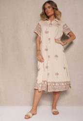 Beżowa Sukienka z Wiskozą o Pudełkowym Kroju z Kołnierzykiem z Haftem Sanavelle. Brązowe sukienki Renee, na co dzień, l, bez wzorów, z wiskozy, eleganckie, bez kołnierzyka, bez ramiączek, midi. Za 89.99 zł.
