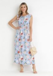 Jasnoniebieska Sukienka Maxi z Rozkloszowanym Dołem i Gumką w Pasie Kimisa. Niebieskie sukienki Born2be, na imprezę, l, bez wzorów, bez kołnierzyka, bez ramiączek, maxi, rozkloszowane. Za 44.99 zł.