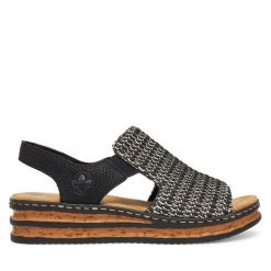 Sandały Rieker. Czarne sandały Rieker, bez wzorów, bez obcasa, na koturnie, bez zapięcia. Za 299.99 zł.