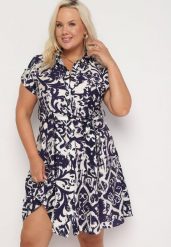 Granatowo-Biała Rozkloszowana Sukienka z Koszulową Górą i Materiałowym Paskiem w Talii Giefia. Niebieskie sukienki Born2be, na co dzień, na lato, xl, bez wzorów, z materiału, eleganckie, bez kołnierzyka, bez ramiączek, midi, koszulowe. Za 69.99 zł.