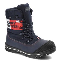 Granatowe Śniegowce Tommy Hilfiger Ocieplane Buty Damskie. Niebieskie botki TOMMY HILFIGER, na zimę, z aplikacjami, z materiału, bez obcasa, na obcasie, bez zapięcia. Za 429.00 zł.