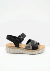 Wygodne sandały na koturnie, z wyściełaną wkładką, marki Riekier. Czarne sandały bonprix, bez wzorów, bez obcasa, na koturnie, bez zapięcia. Za 289.99 zł.