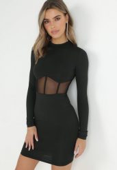 Czarna Sukienka Dopasowana z Siateczką Marlina. Czarne sukienki Born2be, l, bez wzorów, z dzianiny, bez kołnierzyka, bez ramiączek, mini, dopasowane. Za 89.99 zł.