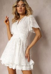 Biała Rozkloszowana Sukienka z Dekoltem Zapinanym na Napy Tarae. Białe sukienki Renee, na co dzień, l, bez wzorów, eleganckie, bez kołnierzyka, bez ramiączek, mini, kopertowe. Za 119.99 zł.