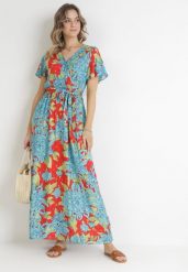 Niebiesko-Czerwona Kopertowa Sukienka Maxi z Gumką w Pasie w Kwiaty z Wiskozy Aryna. Niebieskie sukienki Born2be, na lato, l, bez wzorów, z materiału, bez kołnierzyka, bez ramiączek, maxi, kopertowe. Za 99.99 zł.