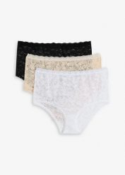 Koronkowe figi z wysokim stanem (3 pary). Czarne figi bonprix, bez wzorów, z koronki. Za 79.99 zł.