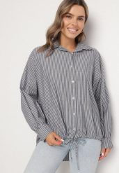 Ciemnoszara Bawełniana Koszula Oversize w Paski ze Ściągaczem Elineola. Szare koszule Born2be, uniwersalny, bez wzorów, z bawełny, eleganckie, bez kołnierzyka, bez ramiączek. Za 129.99 zł.