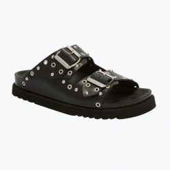 Klapki damskie Scholl Beatriz Ring Leather. Czarne klapki Scholl, bez wzorów, z materiału, bez obcasa. Za 549.99 zł.