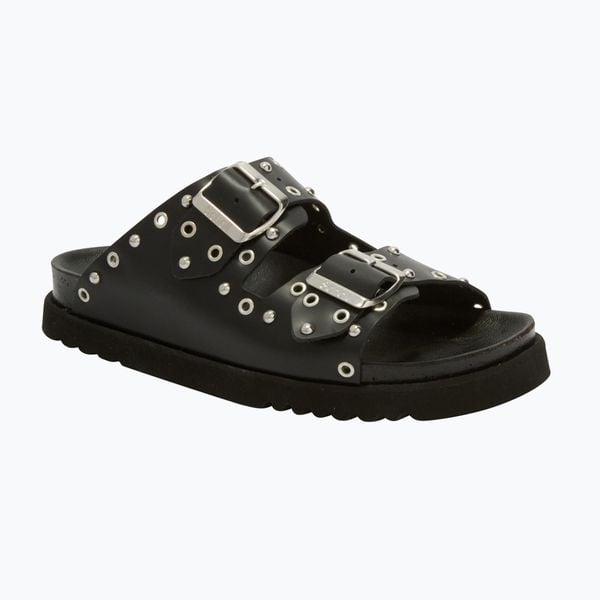 Klapki damskie Scholl Beatriz Ring Leather. Czarne klapki Scholl, bez wzorów, z materiału, bez obcasa. Za 549.99 zł.