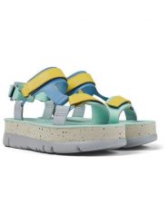 Camper Skórzane sandały w kolorze turkusowo-żółto-błękitnym na obcasie rozmiar: 38. Niebieskie sandały Camper, bez wzorów, ze skóry, z otwartym noskiem, bez obcasa, na koturnie, bez zapięcia. Za 260.99 zł.