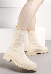 Beżowe Botki Sztyblety ze Skarpetkową Cholewką Bercella. Brązowe botki Renee, na jesień, bez wzorów, bez obcasa, na płaskiej podeszwie, bez zapięcia. Za 59.99 zł.
