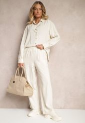 Beżowy Wiskozowo-Lniany Komplet z Koszulą i Luźnymi Spodniami Hanorwen. Brązowe koszule Renee, l, bez wzorów, ze lnu, eleganckie, bez kołnierzyka, bez ramiączek. Za 139.99 zł.